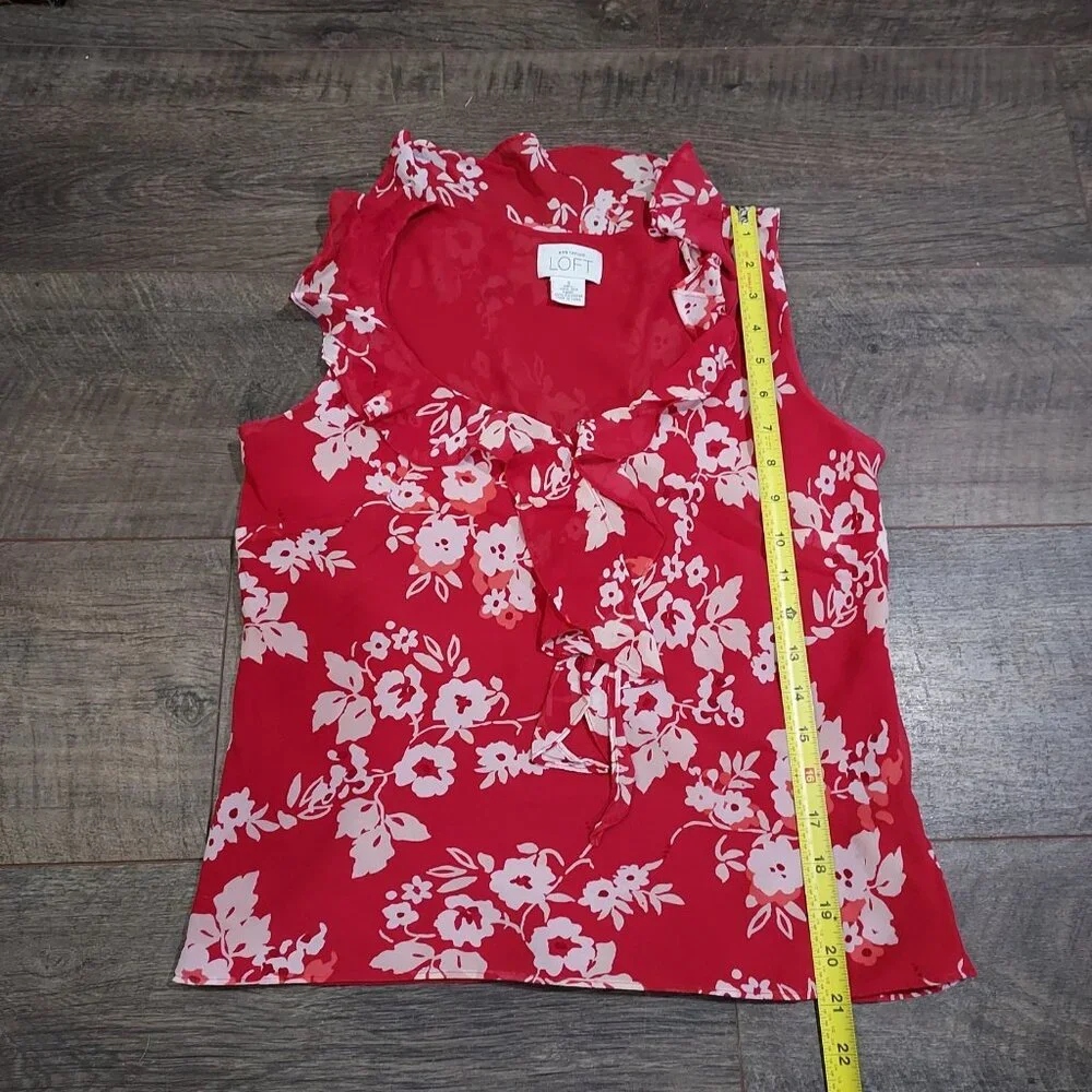 Ann Taylor Loft Silk Ruffle Sleeveless Blouse Red White Pink Beach Summercore - Picture 5 of 11